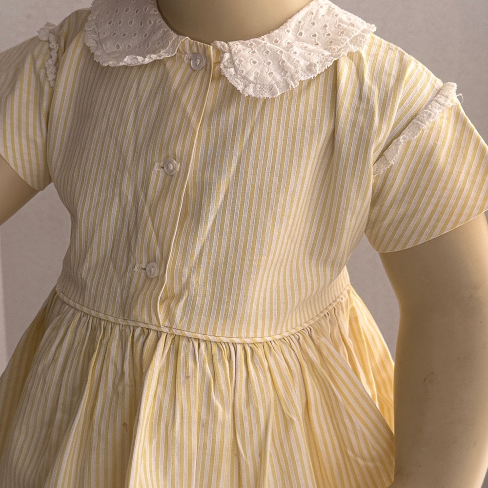 Vintage 1950s Mary Jane Yellow Stripe Toddler Dress w/ Eyelet Collar